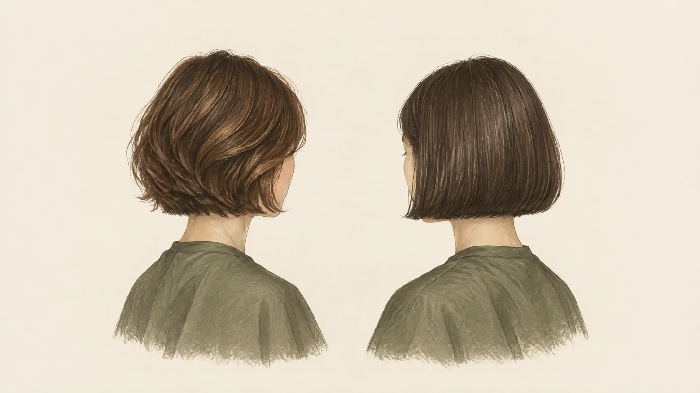 Illustration comparing a softly layered wavy bob and a smooth blunt bob