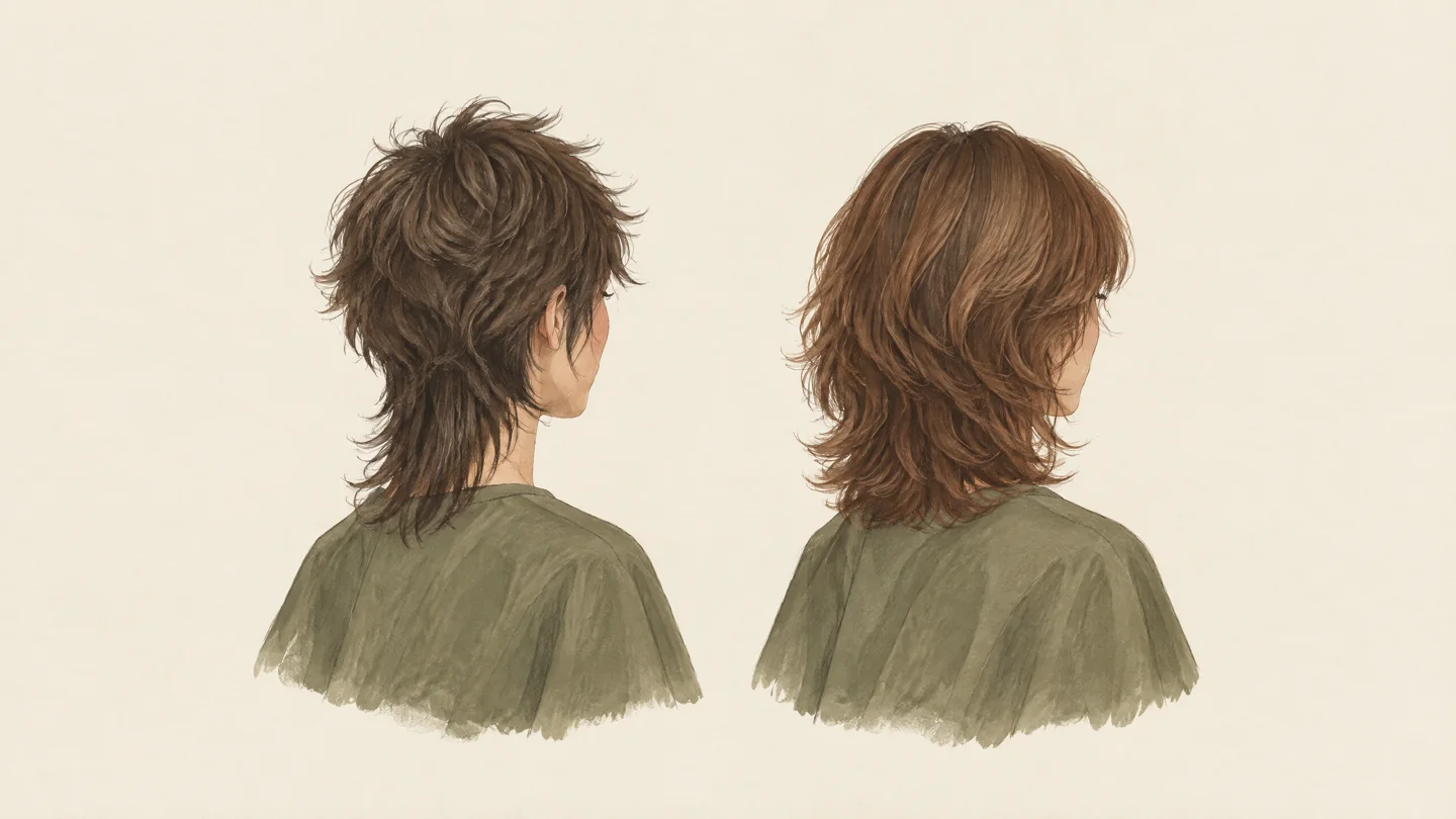 Illustration of a textured wolf cut and a softer layered shag viewed from behind